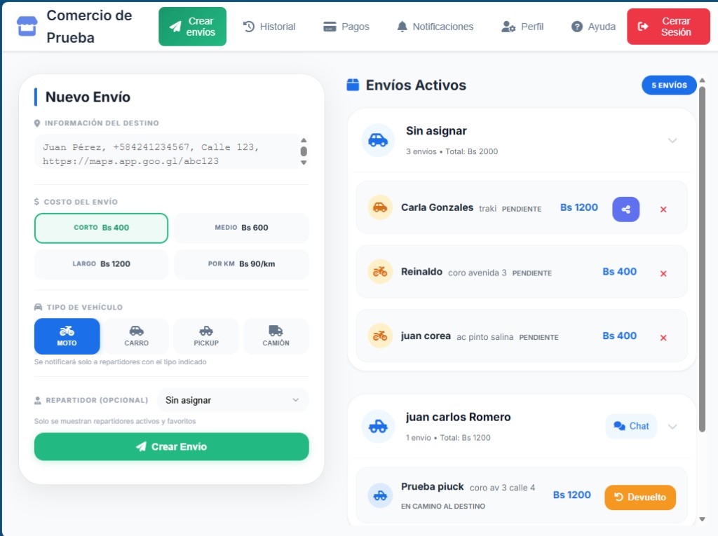 Panel de comercios: Crear envíos y Envíos activos